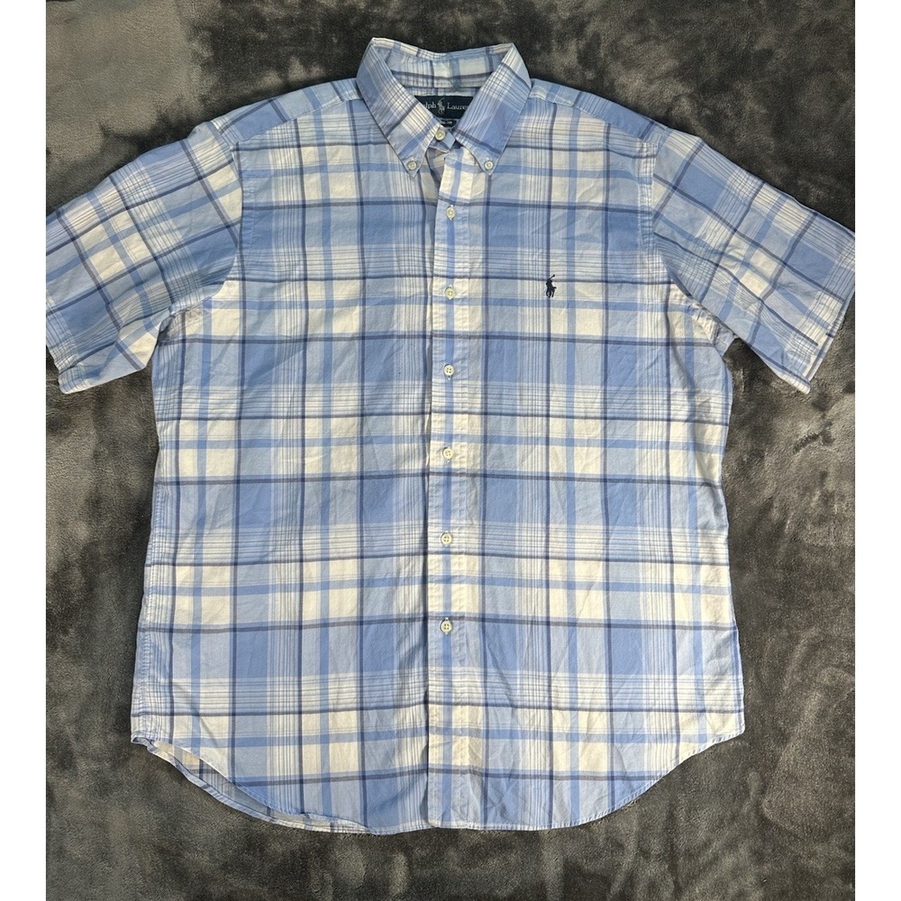 Polo Ralph Lauren Plaid Shirt Men Classic Fit LARGE Brown Blue Pony Short Sleeve